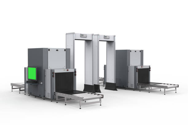 3d rendering airport security checkpoint with security gates and scanner machine