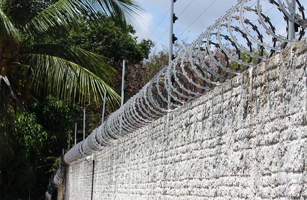 Electric fence and concertina wire on a surrounding wall.